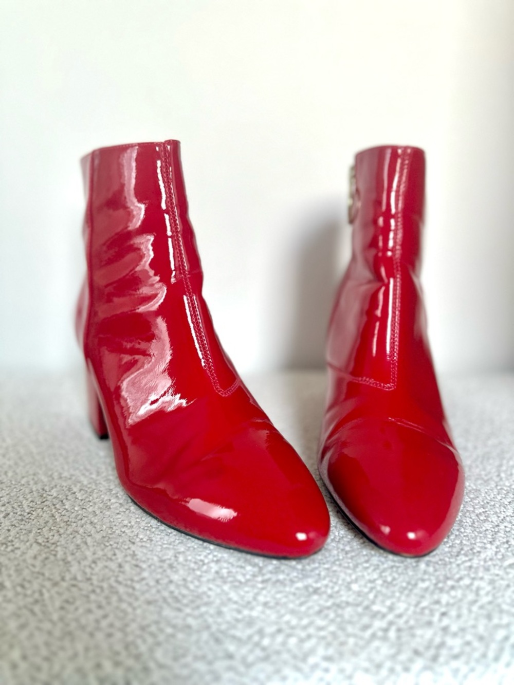 TOPSHOP Bright Red Patent Block Heel Ankle Boots - Picture 3 of 11